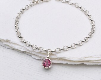 Pink Tourmaline Charm Bracelet, October Birthstone, Sterling Silver, Handmade in the UK
