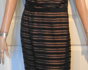 Vintage Peggy Hunt Black Illusion Striped Dress Jeweled Shoulder B40