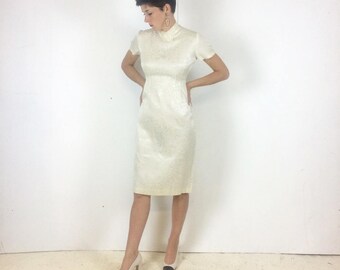 Brocade Handmade Hourglass 1950s Wedding dress Mandarin Collar