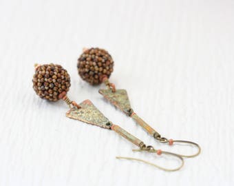 Beaded bead earrings. Long dangle earrings. Statement earrings. Glass, wood, brass. Vintage components and handbeaded beads.