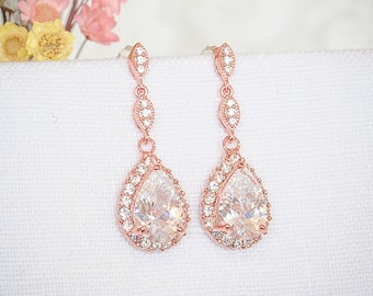 Rose Gold Bridal Earrings, Crystal Wedding Earrings, Zirconia Teardrop Dangle Earrings, Wedding Stud Earrings, Bridal Jewelry, POLLYANNA