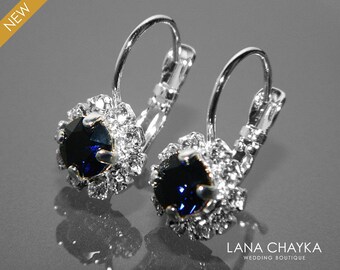 Dark Navy Blue Halo Crystal Earrings, Swarovski Dark Indigo Silver Earrings, Dark Navy Blue Leverback Earrings, Bridal Bridesmaids Jewelry