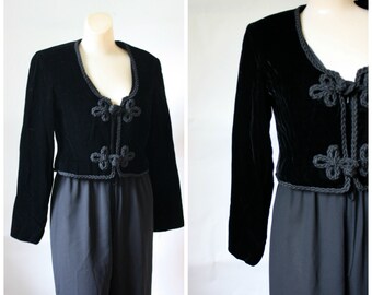 1950s Black Bolero Jacket / Frog Closure Jacket / Vintage 50s Little Black Jacket / Vintage Saks 5th Ave Fashion / Velvet Cropped Jacket S