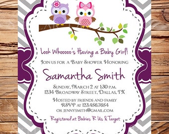 Owl Baby Shower Invitation, Baby Shower Invitation owl, girl baby shower invitation Pink, purple, Chevron Stripes, 1439