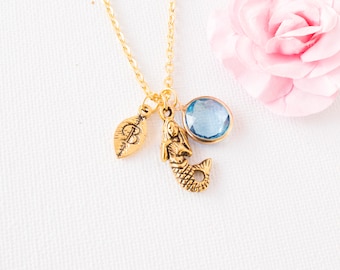 gold personalized mermaid necklace, gold mermaid pendant, mermaid charm necklace, mermaid jewelry, birthstone necklace, bridesmaid gift