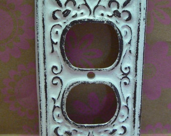 Fleur de lis Cast Iron FDL Plug Plate Cover Single Wall Shabby Elegance Distressed Rustic French Decor FDL White DIY Remodel