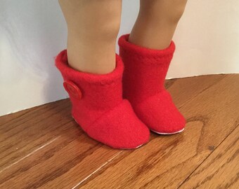 Fleece Booties for 18 Inch Dolls. Bright Red Fleece with Button Trim. 18" Doll Clothes.