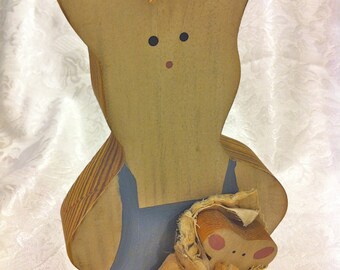Handmade Painted Wood White Blue Mother Bunny Rabbit with Child Baby