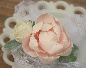 Blush pink corsage, ivory wrist corsage, sola wood flower, vintage sheet music, ecoflower, vintage lace tie on wrist corsage, prom flower