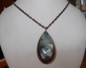 Mid Century Copper Necklace, Blue Green Lucite Medallion Pendant, Large Teardrop Shape