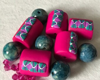 Fucshia Polymer Clay Bead Blue Agate Gemstone Austrian Bicone Crystal Jewelry Making Kit