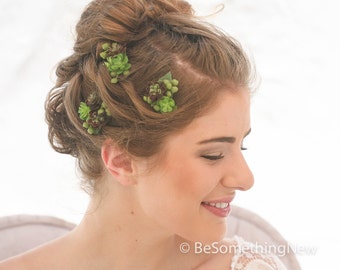 Tiny Succulent Bobby Pin Set, Wedding Hair Bobby Pins, Artificial succulent hair accessories, Bohemian Rustic Wedding Hair Accessory