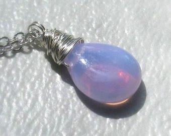 Lilac Periwinkle Opalite Pendant, Silver Wire Wrapped Briolette, With or W/O Necklace - Colors Blue, Pink, Purple - October Birthday