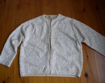 Beaded Sequined Vintage White wool lined Woman's Cardigan Sweater