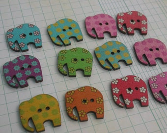 Wood Elephant Buttons - Wooden Elephants Painted Button - Bulk Buttons - 1 1/8" Wide - 12 Assorted Buttons