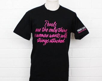 Vintage 1990s Virginia Slims You've Come A Long Way Baby Pearls Are the Only Thing a Woman Wants Black and Pink Size LARGE T-Shirt