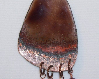 Rustic Enameled Copper Pendant - brown with freshwater pearls