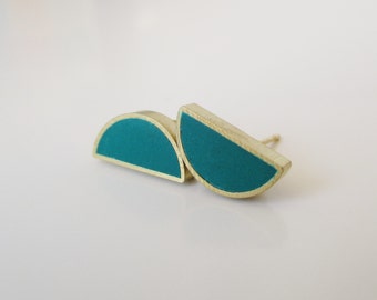 deep green teal brass half moon stud earrings