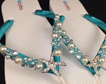 Shoshanna Starfish Bridal Flip Flops, Custom Flip Flops, Dancing Shoes, Nautical Bridal Sandals, Wedding Flip Flops, Beach Wedding Shoes
