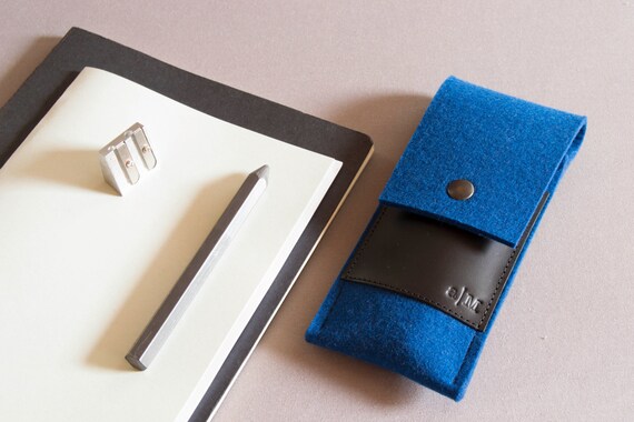 Felt and leather PEN HOLDER, sunglasses case, pencil case, blue and black, wool felt, handmade, made in Italy
