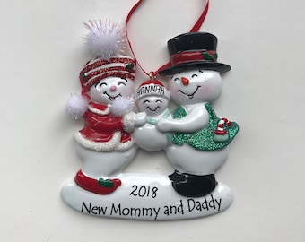 New Parents Personalized Christmas Ornaments / Family of Three Ornament / Snowmen Family Ornament / New Mommy and Daddy