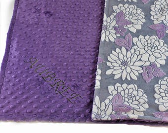 Personalized Baby Blanket, Violet Floral Minky Baby Blanket, Baby shower gift, Nursery Decor, Baby Gift, Baby Girl, Name Baby Blanket