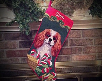 Cavalier King Charles Dog Stocking, Personalized Christmas stockings, Blenheim Cavalier King Charles Needlepoint Stocking, dog stocking,