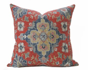 Coussin en détresse style persan lin Coussin housse - oreiller rouge brique, bleu marine - Boho oreiller - oreiller Shabby chic - Rusty ethnique rouge