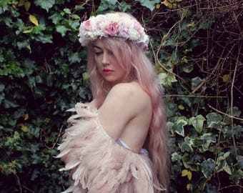 Pink and cream flower crown, floral garland, Lana Del Ray, Wedding headpiece, nature inspired, vintage inspired, rustic rose, love.