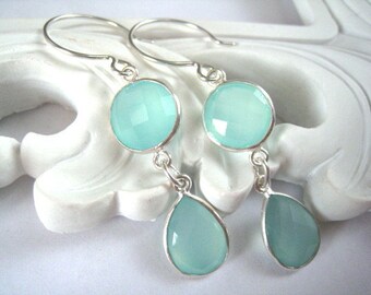 Aqua Chalcedony Earrings, Chalcedony Long Double Drop Sterling Earring, Dangle, Teardrop, Aqua Mint Chalcedony Earring,