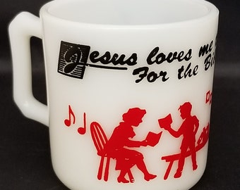 Hazel Atlas Milk Glass Mug with Sunday School Scene and Jesus Loves Me This I Know For the Bible Tells Me So, Vintage Childs Milk Mug