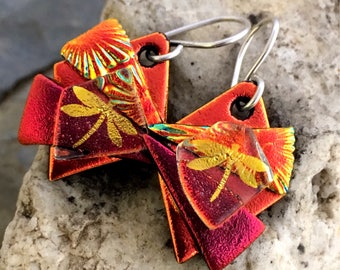 Gorgeous Red 3D Dichroic Glass Earrings - Reds and Gold Dragonfly with Sterling Silver Hooks