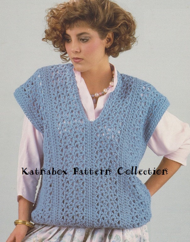 Crochet Ladies V-Neck Pullover Vest Pattern #KC0688, Intermediate Skill