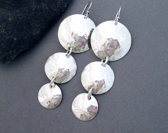 Sterling Silver Disc Earrings Hammered Silver Round Dangle Earrings Long Earrings Handmade Modern Metal Jewelry Greek Goddess Jewelry