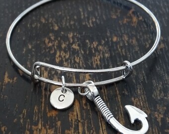 Fish Hook Bangle Bracelet, Adjustable Expandable Bangle Bracelet, Fish Hook Charm, Fish Hook Pendant, Fish Hook Jewelry, Fishing Bracelet