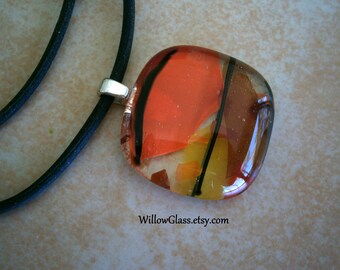 Fused Glass Pendant in Orange Shards by Willow Glass, Glass Jewelry, Glass Pendant on Black Cord