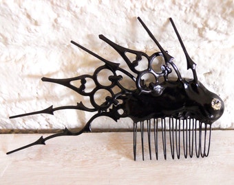 Hair Comb Gothic Steampunk black with crystal- Clock hand spray