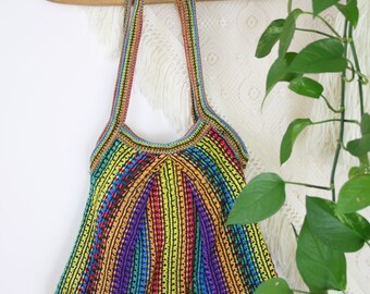 Vintage Rainbow Woven Bag, 70s Hippie Market Bag