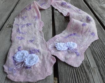 Felted Scarf - OOAK - Lavender/Pink/ White with Roses/Beads