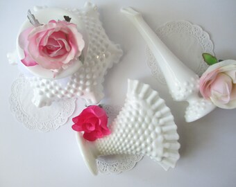 Vintage Fenton Milk Glass Hobnail Vase Bowl Collection of Three