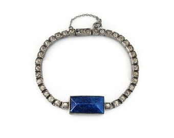 Art Deco Sterling Bracelet - Lapis Glass, Art Glass, Clear Rhinestones, Sterling Silver, Art Deco Jewelry, Antique Bracelet