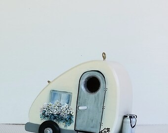 Unique Tear Drop Trailer Birdhouse , Handmade , Hand Painted , Environmentally Friendly