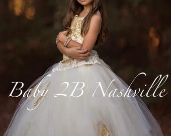 Gold Lace Dress Flower Girl Dress Ivory Dress Gold Dress Tulle Dress Party Dress Birthday Dress Wedding Dress Toddler Tutu Dress Girls Dress