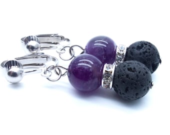 Genuine Amethyst/Black Lava Beaded Dangle Clip On Earrings - Non-Pierced Ears