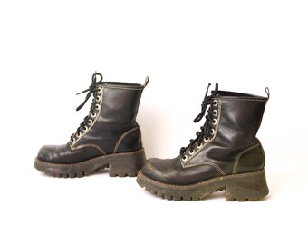 size 6.5 PLATFORM black leather 80s 90s GRUNGE COMBAT lace up ankle boots