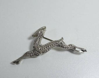 Art Deco Brooch Pin Leaping Deer Marcasite Stones 800 Silver Signed