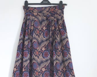 Vintage 70's Floral Geometric Print Thick Pleated High Waist Boho Midi Skirt Size 14