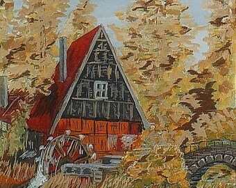 Картина «Водяная мельница» / Painting «Water Mill» - ватман на картоне, гуашь, 40 х 30 см