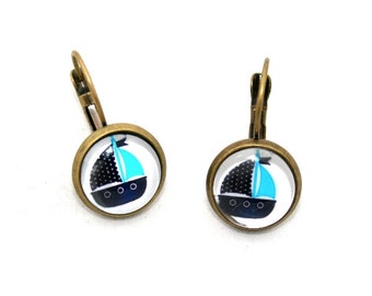 Yacht Earrings, Boat Earrings, Boat Illustration, Dangle Earrings, Nautical