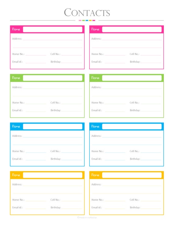 Contacts list PDF Planner contact list checklist list to